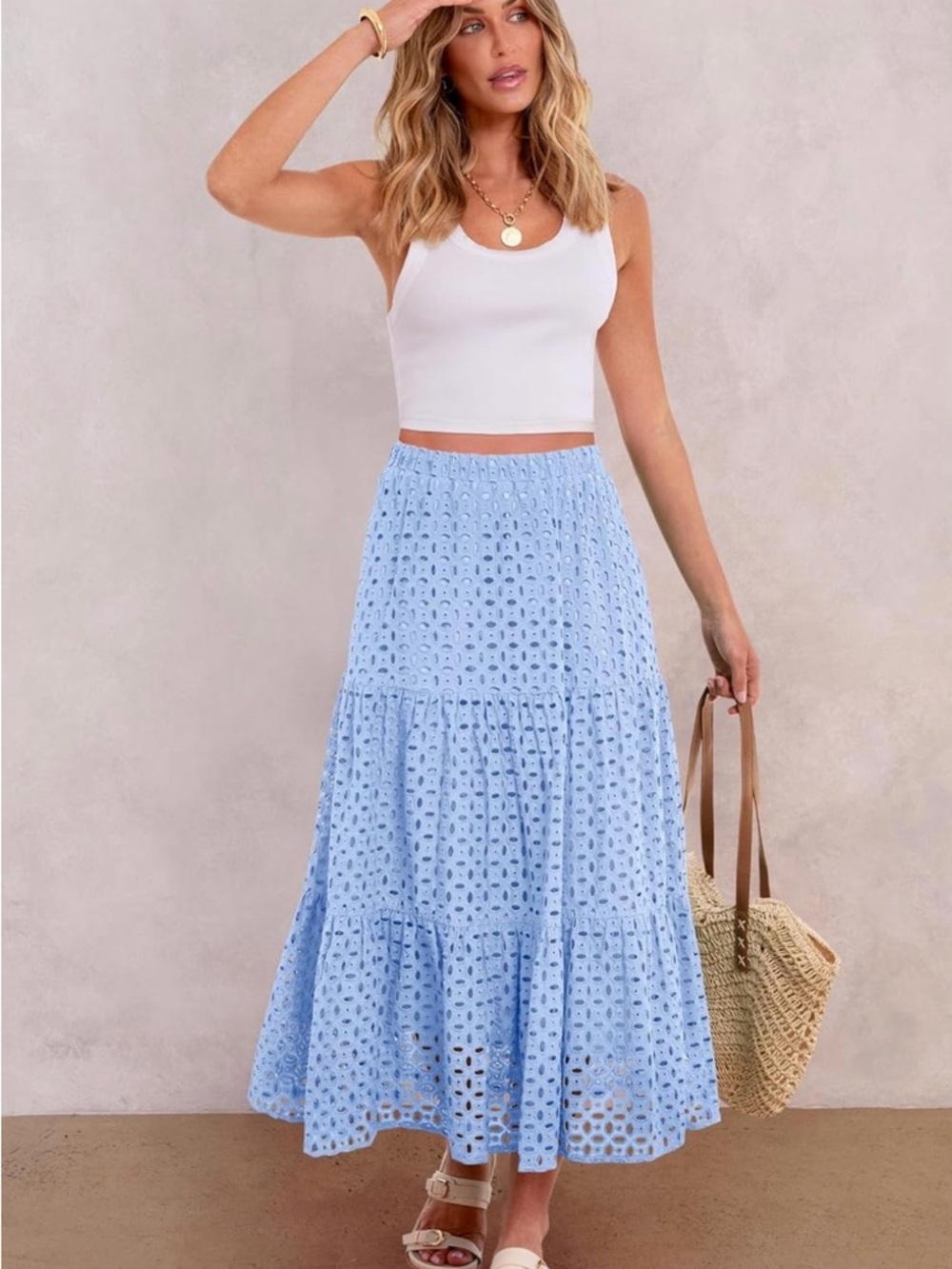 Rayon Maxi Skirt High Waist Tiered Eyelet A-Line Beach Vacation - Picture 7 of 7